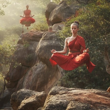 1girl,  solo, slender, lotus pose, levitate, above rocky outcropping, trees, monk, red robes, half length, perfect face, updo, big breasts,  jewelry, tantric priestess, late afternoon
 <lora:Dramatic Lighting Slider:0.9> <lora:Breast Size Slider:1.5>
 <lora:levitate-PNY-SDXL-SD15-Panache:1.1>