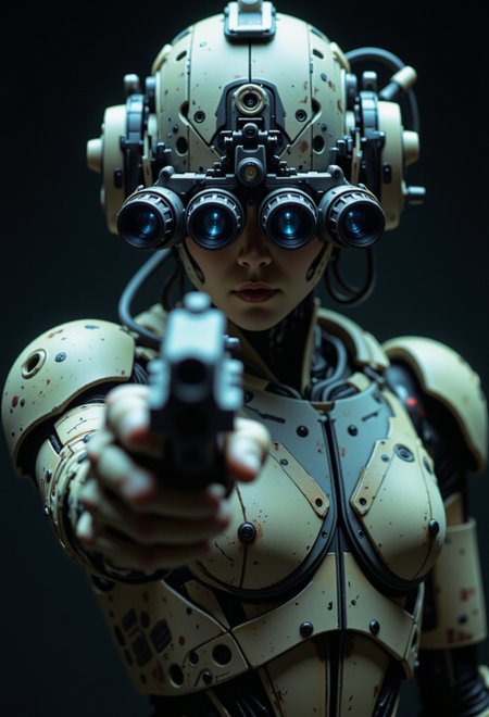 in the style of ck-ncr, a elegant cyborg robot wearing n0ds featuring a protective headpiece Attached to the front of the headpiece is a quad-tube panoramic optical device with four horizontally aligned cylindrical lenses, each glowing faintly blue. Small wires and adjustment knobs are visible along the optical device, contributing to the structured and functional design with integrated hearing protection covering the ears and includes modular mounting points), camouflage pattern skin, aiming a gun at the viewer, Sci-fi movie, background is dark, night vision
(style by George Shaw),shallow depth of field, vignette, (Fujicolor Superia X-TRA 400)
<lora:n0ds:0.9>
<lora:ck-Neurocore-Realistic-Cyborgs:1>
<lora:DarkCore:0.4>