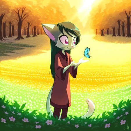 score_9, score_8_up, score_7_up,lilith_calah,
1girl,solo,furry,tail,dark green hair, source_furry,
 ,<lora:lilith_calah_illustrious:0.8>,
child, kid, 
butterfly, reaching out, outdoors, spring, flowers, smiling, gentle breeze, warm colors, soft shading, dreamy, nature, stands in a flower-filled meadow, reaching out with both hands to gently catch a butterfly. Her expression is full of wonder as the tiny creature flutters just beyond her grasp, bathed in soft sunlight