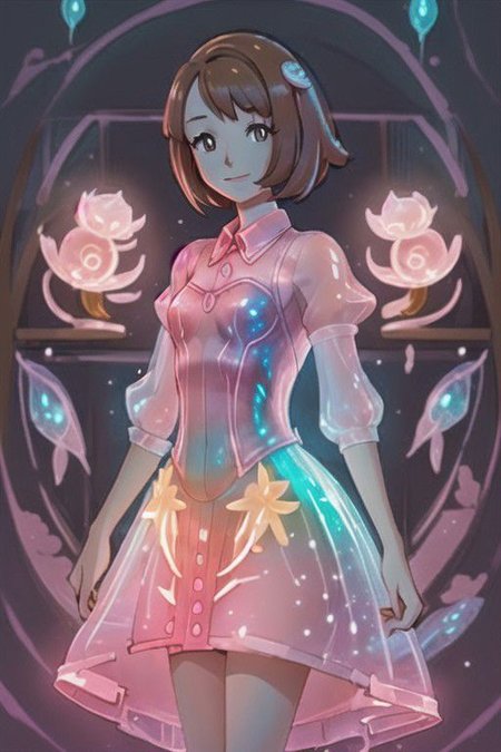 gloria \(pokemon\), small smile, pink bioluminescent dress, 1girl,