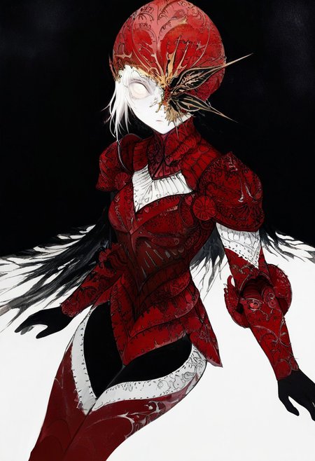 solo, looking at viewer, white eyes, plain black background, 1woman, solo, white hair, pale white skin, red armor, masterpiece, best quality, very aesthetic, absurdres
 <lora:monfornoob:0.95>