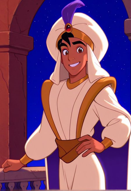 aladdin, male focus, 1boy, dark-skinned male, smile, closed mouth, dark skin, solo, night, star (sky), sky, balcony, cape, outdoors, grin, black hair, alternate costume, hand on hip, turban, short hair, long sleeves, starry sky, looking at viewer
<lora:Better_Bodies_By_Stable_Yogi_SDPD0_V1:1>   <lora:Aladdin_-_Disney_IL_Lora:1>, masterpiece, best quality, amazing quality, very aesthetic, absurdres,  newest, (volumetric lighting)