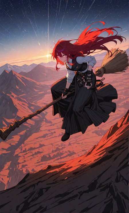 masterpiece, sharp detail, intricate detail, 1girl, detailed eyes, gradient eyes, highly detailed hairs, red hair, long hair, belt, long skirt, vest, fingerless gloves, dynamic pose, dynamic angle, standing,  <lora:Broom Surfing:0.8>, broom riding, long shot, partially illuminated, dappled light, dramatic shadows, cinematic lighting, detailed background, light and shadow contrast, starry sky, mountain, landscape,
