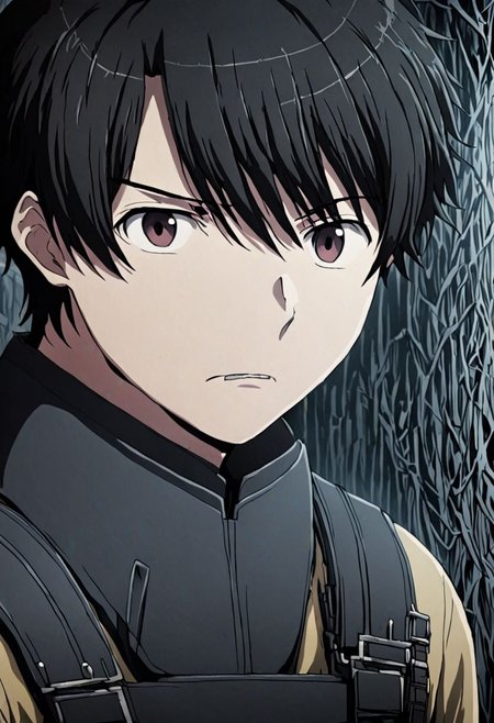 high resolution, solo, best quality, 1Boy, Inaho Kaizuka, Black Hair, portrait, looking at viewer, focused gaze forward, upper body, head upright, fear, OverallDetail