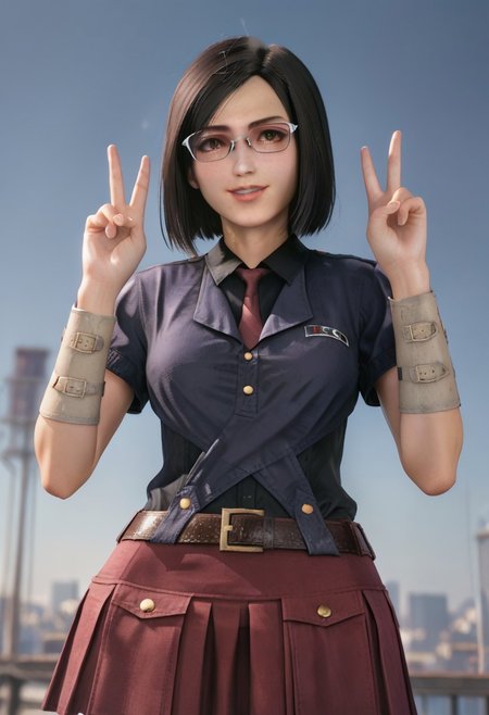 highly detailed, realistic, fine fabric detail, absurdres, highly-detailed, best quality, source_anime.
BREAK
1girl, 19yo, nayo_ffvii, short hair, bobcut, black hair, brown eyes, lips, medium breasts, nose, glasses, blue shirt, black undershirt, collar, collared shirt, red necktie, belt, skirt, miniskirt, red skirt, pleated skirt, chest logo, white bracelet, thighhighs, zettai ryouiki, fishnets thighhighs, brown boots, 
BREAK
city night background, depth of field, soft smile, looking away, parted lips, portrait, undressing, detailed eyes, 
BREAK
v pose, sensual, from bellow view, multiple views.