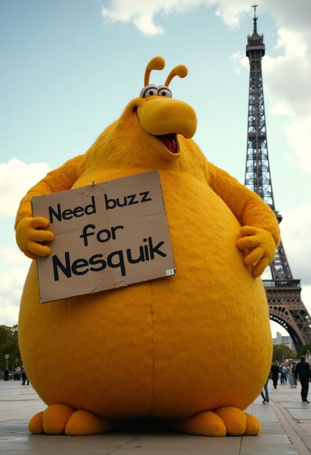 High quality photo of a giant Groquik character with a large round belly holding a cardboard sign that says "Need buzz for Nesquik". Cinematic movie still of a giant Groquik next to the Eiffel tower in Paris.