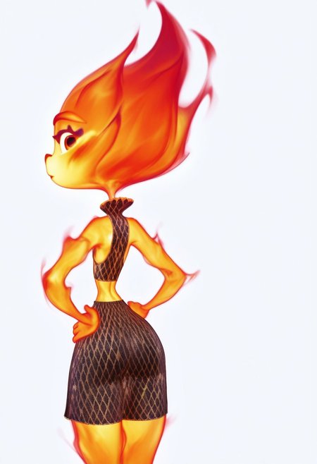 solo, 3mb3r_lum3n, fire, standing, looking back at viewer, back view, blank background, hands on hips