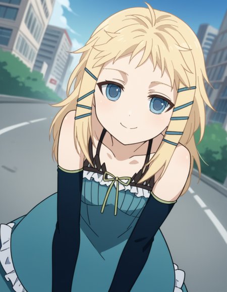score_9, score_8_up, score_7_up, source_anime,
tinasprout, <lora:tina-sprout-s1-ponyxl-lora-nochekaiser:1>,
tina sprout, long hair, blonde hair, hair ornament, blue eyes,
gloves, dress, bare shoulders, frills, black gloves, elbow gloves, blue dress, frilled dress,
cityscape, street, smile, bent over,
looking at viewer, cowboy shot, solo, dutch angle
