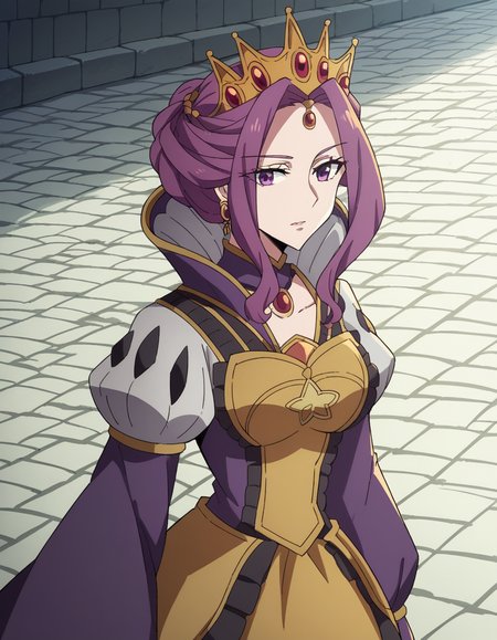 score_9, score_8_up, score_7_up, source_anime, <lora:mirelia-q-melromarc-s1s2s3-ponyxl-lora-nochekaiser:1>, mirelia q melromarc, purple hair, purple eyes, large breasts,, long sleeves, dress, jewelry, frills, puffy sleeves, wide sleeves, crown, purple dress,, stone walkway, historic, path, cobblestone, footpath, , v,, looking at viewer, solo,, dutch angle, cowboy shot