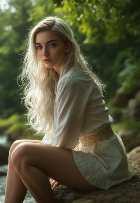 score_7_up, (photorealism:1.5) female, sitting on a rock, 3 magical butterflies flowing around her, reflective expression, gazing at a majestic tree, calm coastal village in the background, soft lighting, vibrant colors, high contrast, hyper-realistic, serene pose, detailed, high-definition, peaceful mood, contemplative atmosphere, slight freckles, long eyelashes, long white hair, glowing purple eyes, raised knee

Background: A serene coastal village nestled between lush green hills and a sparkling blue sea. Rustic wooden houses and vibrant gardens blend with smoke rising from chimneys. A majestic tree stands tall, its branches stretching out. Soft, golden sunlight highlights the tranquil beauty.

The woman sits on a moss-covered rock, her posture relaxed yet contemplative. Her long white hair flows gently, catching the light. Glowing purple eyes gaze at the tree, reflecting wonder. Three magical butterflies with iridescent wings flutter around her. Slight freckles and long eyelashes add natural beauty. Her raised knee and serene pose convey peace.

(8K UHD:1.4).
(((full-clothed))),
 <lora:add-detail-xl:1>
 <lora:Dynamic Poses:1>