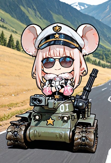 masterpiece, ultra-HD, very aesthetic, 8K, high detail, depth of field, score_9, score_8_up, high detail, 
BREAK
BREAK
1girl, solo, light black hair, medium-length hair, blunt bangs, flowing hair, Light pink flared sleeves, light pink cropped flight jacket, white base with black pattern tight combat suit, white fur collar, zippered opening, unzipped, patchwork style, high collar, fingerless gloves, wrist guards, functional belt, hip accessory, safety harness buckle, oversized rat ears, chibi, 
BREAK
bonaparte /(tank/), turret, cannon, minigun, smoke projector, left-air intake, caterpillar tracks, quadrupedal mode, 
BREAK
Wearing sunglasses, cover eyes, arms crossed, smiling, star symbol, military cap
BREAK
road, Distant mountain scenery, gravel, daytime, 
BREAK
<lora:Rat_Chibi:1>, <lora:IL_bonaparte_tank:1>,