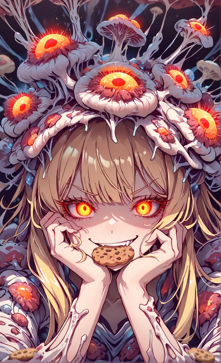 masterpiece, sharp detail, intricate detail, hair shader, 1girl,  <lora:MyceliumT-000014:1>,  myceliumt, blonde hair, myceliumt dress, full body,  glowing eyes, detailed eyes, gradient eyes, eyelashes, detailed face, detailed eyes, looking at viewer, smile, cookie in mouth, close-up face, arm on own face, smirk,