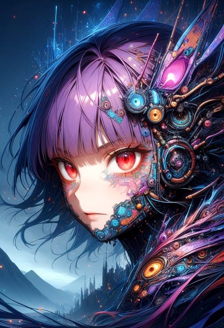 score_9, score_8_up, score_7_up, sfw, wm_cyber, 
delicate patterns, bright colors, vivid, full color, 
1girl, Yatsu_Murasaki, Murasaki_yatsu, 1woman, purple hair, hime cut, red eyes, armor, warrior, close up, focus on face, 
outdoors, landscape, mountains, futuristic, cyber, neon lights, night, black sky,