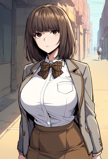 score_9, score_8_up, score_7_up, score_6_up, source_anime, rating_explicit, 1girl, solo, huge breasts, <lora:Yu Dayun prefectPonyxl:0.9> brown hair, medium hair, bob cut, brown eyes, school uniform, plaid bowtie, brown bowtie, grey jacket, white shirt, collared shirt, long sleeves, brown skirt, pencil skirt, expressionless, street, outdoors, looking at viewer