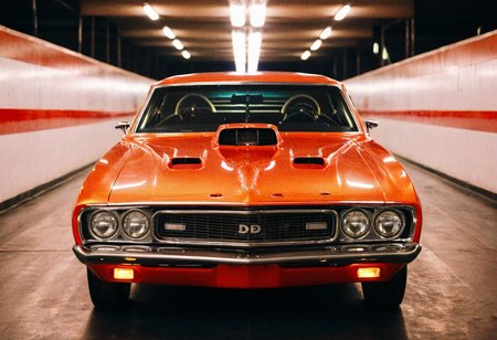 VintageMuscleCar gleaming dragster tunnel, symmetrical front view, bright headlights, neon lights, glass background, light reflections, 4K, highly detailed, closeup (stylish grainy analog film photo 35mm vintage Kodachrome)