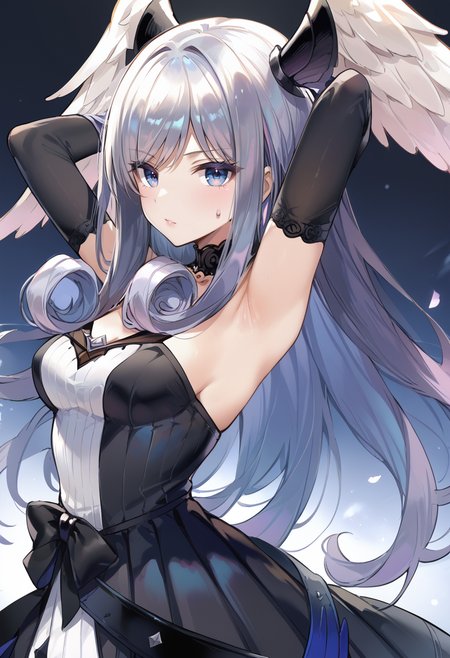 (score_9:0.9),score_8_up,score_7_up,rating_safe,anime style,(zPDXL),<lora:XB3 Melia Antiqua ponyXL v1:0.81>,melia antiqua xb3,1girl,solo,black dress,looking at viewer,medium breasts,black elbow gloves,bare shoulders,armpit,black choker,arms up,from side,sweatdrop,armpit crease,
