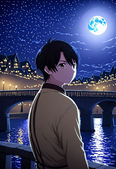 high resolution, solo, best quality, 1Boy, Inaho Kaizuka, Black Hair, depth of field, moon, fantastic night, dreamlike, midle of bridge, OverallDetail
