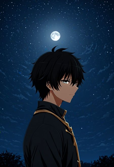 high resolution, solo, best quality, 1Boy, Seiya Kanie, black hair, short hair, thin, open space, night sky, moon, OverallDetail