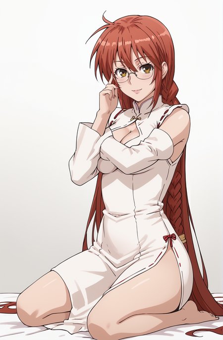 source_anime, anime screenshot, cowboy shot, from side, head turned to side, eyes looking at viewer, hand adjusting glasses, BREAK
1girl, solo, Matsu, (very long hair:1.2), red hair, (long red hair:1.3), (fishtail braid:0.5), (twin braid:0.8), thin braid, BREAK
brown eyes, glasses, soft smile, BREAK
white dress, cleavage cutout, detached sleeves, china dress, side slit,  BREAK
seiza sitting, kneeling sit, seat cushion, indoor background, plain background
<lora:SekireiSet1:1>, score_9, score_8_up, score_7_up,1girl, solo,masterpiece, best quality, very aesthetic, absurdres
