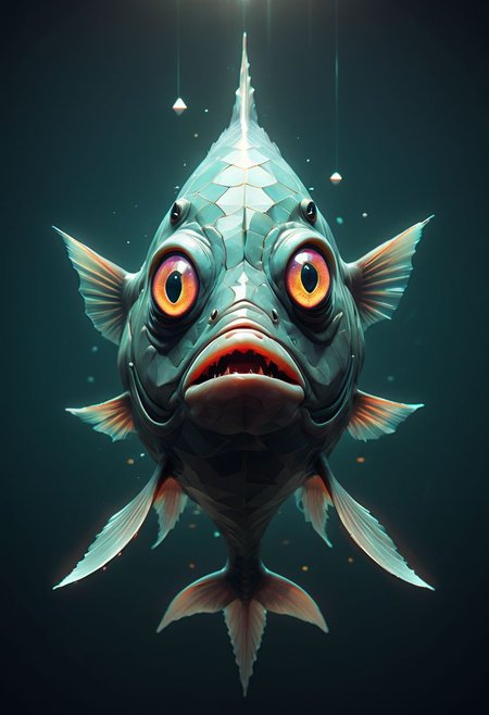 Surreal fish, glowing eyes, glitchcore, double exposure, poster style, geometric, triangles, glitchy, eerie, lights, occult, dark, fish fish fish
