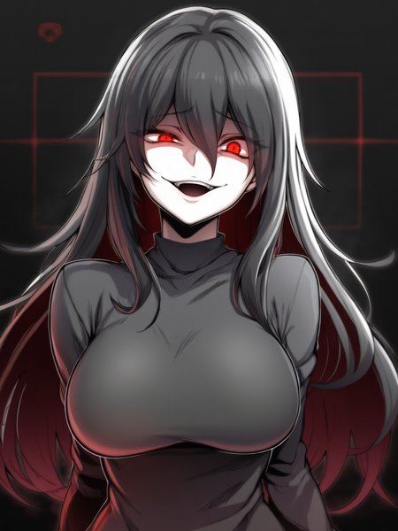 Masterpiece, Best Quality, Best Score, Best Anatomy,
 <lora:ebiblue_Artist_Style_IllustriousXL:1>,1girl, looking at viewer, gesugao, open mouth, evil smile, long hair, long sleeves, red eyes, hair between eyes, large breasts,