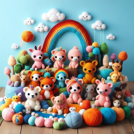 score_9, score_8_up, score_7_up, Yarnworld, rainbow colors, chibi animals, made of yarn, cute design, 
beach background,
