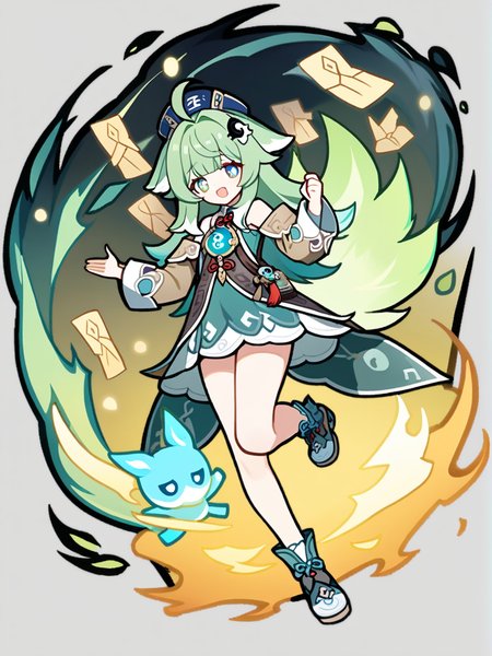 1girl, 
huohuo \(honkai: star rail\),  
solo, long hair, paper doll, green eyes, chinese clothes, open mouth, transparent background, long sleeves, full body, symbol-shaped pupils, animal ears, looking at viewer, ahoge, fiery tail, fiery aura, green hair, bare shoulders, talisman, fox ears, tail, yin yang, 
  safe
 <lora:mki-ani31-GenshinPV-v2-000012:1>
