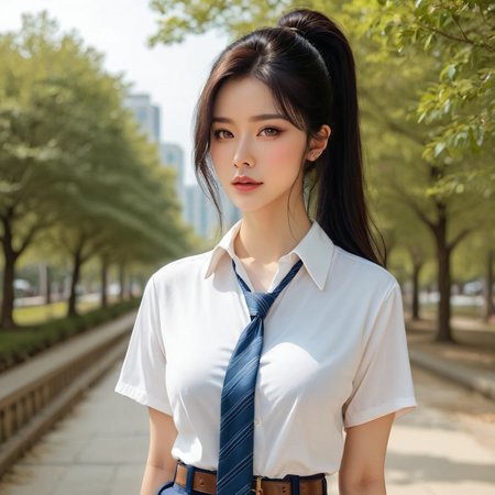 [10]a stunning real medium breasts Korean woman with long, flowing dark hair, her piercing gaze directly addressing the viewer. score_9, score_8_up, score_7_up, 4k, high quality, (best quality:1.1), realistic, photorealistic, close-up, upper body, (ultra HD quality details), High Fashion, A highly detailed, realistic digital photo of a Korean woman 28yo with a pale complexion, emphasizing her enigmatic and mystical aura,, high resolution, rich textures, and contemplative mood. Her eyes are a deep piercing and  brown, dynamic, dramatic, haute couture, elegant, ornate clothing, dark straight hair with a few loose strands framing her face, against a cyan gradient background, Realistic photograph, Movie light, film grain, necktie, skirt, ponytail, school uniform, shirt, looking at viewer, outdoors, white shirt, blue skirt, tree, cosplay, belt, <lora:JennifePonySRV1:1>, <lora:add-detail-xl:0.5>, <lora:Expressive_H-000001:1.2>, <lora:IzayoiLycoXL:0.3>, embedding:pureerosface_v1, medium breasts,