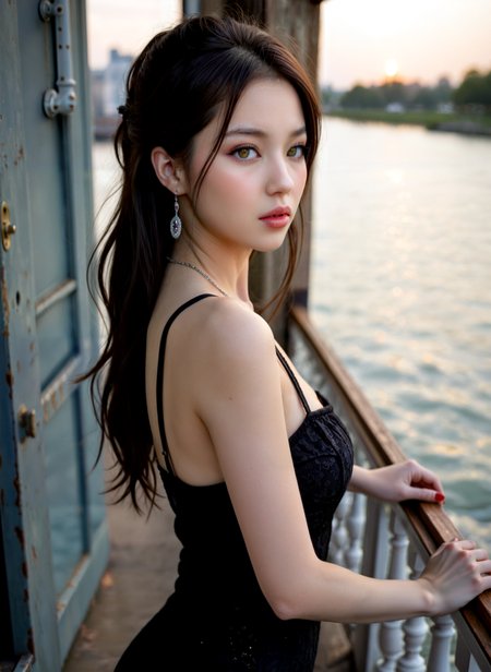 cinematic film still a young woman standing on a balcony overlooking a body of water. She is wearing a black sleeveless dress with thin straps and a low neckline. Her hair is styled in loose waves, and she is wearing red lipstick and large hoop earrings. The woman is looking off to the side with a serious expression on her face. The background is blurred, but it appears to be a cityscape with buildings and trees. The overall mood of the image is peaceful and serene. <lora:add-detail-xl:.5>  <lora:Flux-style-xl-lora:.5>