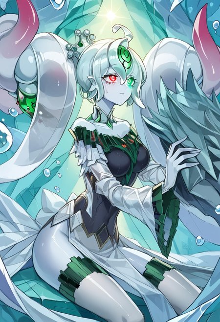 score_9, score_8_up, score_7_up, source_anime, verybadimagenegative_v1.3, easynegative, perfect lighting, ExpressiveH. rating_safe
BREAK 
(ygoaegirine), colored skin, slime girl, short hair, transparent, crown, hair ornaments, heterochromia, green eye, red eye, glowing eyes
BREAK 
(detailed face:1.3), beautiful face, teardrop breasts, (medium breasts:1.2), curvy, heart-shaped ass, perfect body, perfect hands, tall, 
BREAK 
1girl, solo, emotionless, (dress, thighhighs), sitting in a throne,