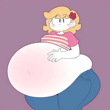 HappyLikeAWall, 1girl, black eyes, single hairflower, closed mouth, blue eyes, blonde hair, pink striped shirt, jeans, gigantic belly,