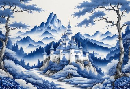 porcelain castle  in Bluepatternporcelain, detailed calligraphy ornament, 
mountain forest meadow background,