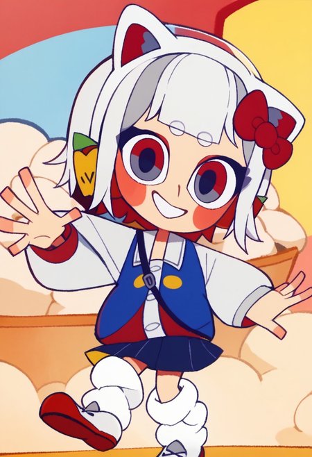 score_9, score_8_up, score_7_up BREAK HKGrl, 1girl, white hair, white bob cut, red gray eyes, pink cheeks, red hair bow, apple hairclips, white red cat ears, open white blue red yellow-button jacket, white buttoned undershirt, pleated dark blue skirt, long loose socks, red white shoes, full body, smiling at viewer,