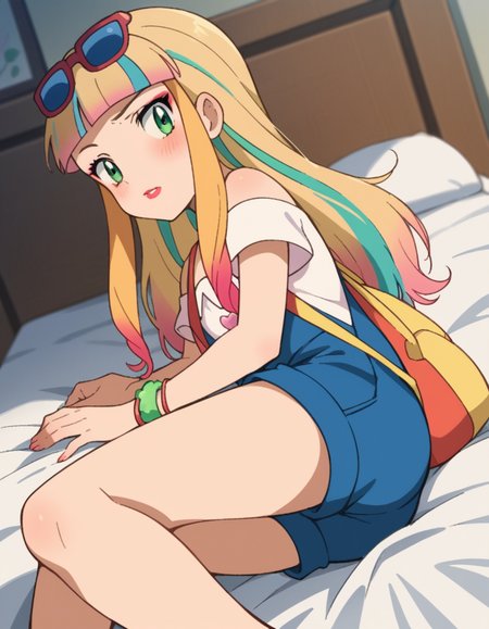 score_9, score_8_up, score_7_up, source_anime,
pokemonrisa, <lora:pokemon-risa-movie-ponyxl-lora-nochekaiser:1>,
risa, long hair, bangs, blonde hair, green eyes, multicolored hair, blunt bangs, makeup, lipstick,
shirt, jewelry, short sleeves, heart, bracelet, sunglasses, eyewear on head, overalls, overall shorts,
indoors, bed, bed room, on side, blush, drunk,
looking at viewer, cowboy shot, solo, dutch angle,