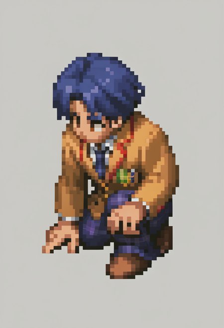 score_9, score_8_up, score_7_up, source_anime BREAK, 1boy, white background, plain background
 <lora:FFT-SpritesV2-pdxl_Fp:1>   full body, kneeling, pixel art, pixel art, from side
 <lora:zs_TakumiXL:1> takumichaos, short hair, blue hair, brown eyes, blazer, shirt, blue necktie, plaid pants