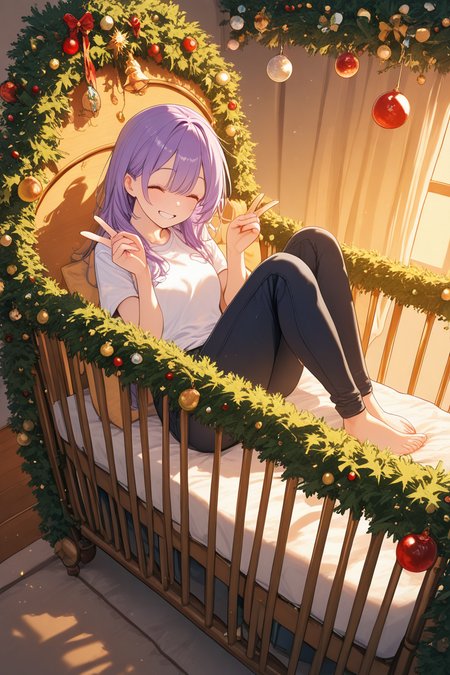 realistic shading, natural lighting, dacrib, christmas-crib focus, dacrib_christmas ornaments, in crib, purple hair, closed eyes, 1girl, happy, smiling, shiny skin, full body, double v, sitting, barefoot, shirt, pants, dutch angle, dynamic angle, intricately detailed illustration, masterpiece, best quality, amazing quality, very aesthetic, absurdres, newest