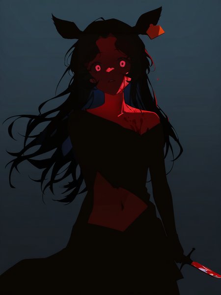 1girl,cowboy shot,jessica\\(reverse:1999\\),navel,looking at viewer,solo,simple background,,(deer girl:1.1),blood on face,yandere,shaded_face,holding,holding_dagger,night,intense shadows,strong rim light,<lora:jessica-000012>, masterpiece, best quality, very aesthetic, absurdres