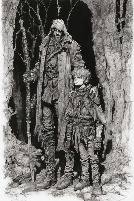 John Blanche Style - messy pen and ink of a child warlock and their adult soldier thugs in a Grimdark fantasy setting inq28 in the style of John Blanche