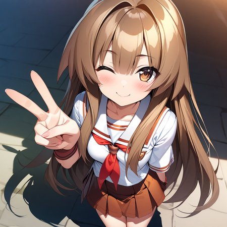 (masterpiece),(best quality),(ultra-detailed),(best illustration),(best shadow),(absurdres),(detailed background),(very aesthetic), seto_sun, 1girl, solo, one eye closed, long hair, school uniform, brown hair, smile, brown eyes, serafuku, v, skirt, blush, looking at viewer, <lora:XL-SetoSun:1>