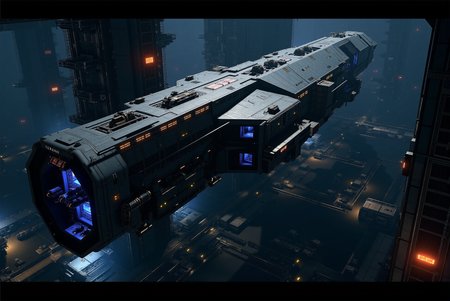 <lora:SpaceCraft_v.1:0.8> SPCCRFT style. A colossal starship hovers within the cavernous confines of an industrial space station, its heavily-armored hull exuding an aura of technological might and precision engineering. The vesselâs dark metallic surface is accented with sleek geometric paneling, illuminated by vibrant blue and amber lighting that traces along its edges, emphasizing the intricate design of its modular components. The name "TERRAN" is boldly emblazoned across the shipâs exterior, marking it as a formidable asset within an advanced fleet. The upper deck of the vessel is lined with a complex array of turret-mounted weapon systems, sensor arrays, and communications equipment, strategically positioned to provide both defensive capabilities and tactical superiority. Reinforced bulkheads and maintenance hatches dot the hull, suggesting a design optimized for durability and adaptability in deep-space operations. Along the sides, docking ports and cargo access points blend seamlessly into the vessel's angular silhouette, further reinforcing its multi-purpose functionality. Beneath the starship, the immense scale of the space station is evident, with towering docking platforms, maintenance scaffolding, and auxiliary vessels scattered across the scene. Dim ambient lighting and strategically placed spotlights cast dramatic shadows across the facility, while orange guidance lights and holographic indicators provide an operational sense of order and control. The vast infrastructure of the station, with towering support structures and sprawling corridors, hints at a hub of logistical activity, trade, and military operations. The composition follows a photorealistic sci-fi art style, with intricate detailing, atmospheric lighting, and a cinematic perspective that accentuates the vesselâs grandeur and strategic importance. The interplay of light and shadow, combined with the mechanical complexity of the scene, evokes themes of exploration, power projection, and the unrelenting pursuit of technological advancement in the vast reaches of space.