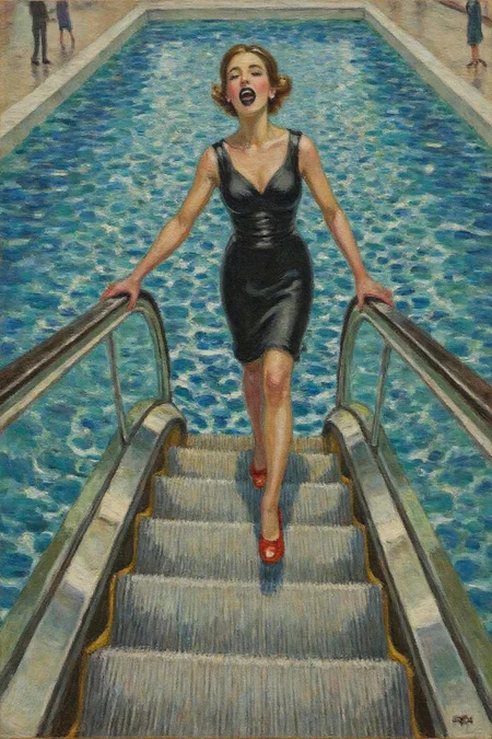dorotheasharp1 painting. 
a woman in a chic little black dress and vibrant red high heels, gracefully descending an escalator. She wears black lipstick and is screaming. Her attire exudes elegance and sophistication, with the red heels providing a bold pop of color against the classic black dress. The escalator itself, typically found in a mall or airport, leads downwards into an unexpected and dreamlike destination -- pool of rippling water. The water is blue and ripples as the escalator's steps disappear beneath the surface.
The woman's posture is poised and confident, as she seems unperturbed by the unusual surroundings. The overall atmosphere is a blend of high fashion and surreal fantasy, capturing a moment that is both elegant and otherworldly,
 <lora:dorotheasharp1_f16:1.0><lora:867764959507912207:0>