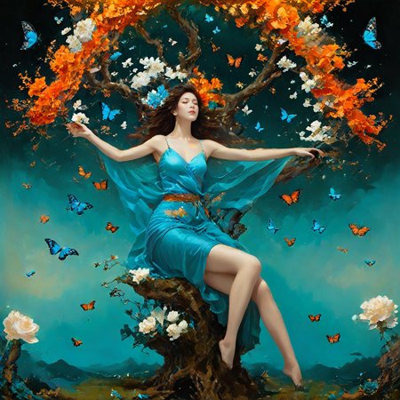 <lora:add-detail-xl:1.0>, 1girl, barefoot, solo, flower, tree, brown hair, butterfly, sitting, long hair, bug <lora:LangV2:0.85>, <lora:RuanV2:0.6>,