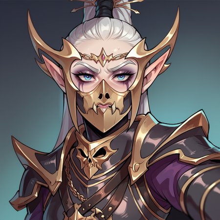 score_9, score_8_up, score_7_up, selfie,
DreadLord, elf, woman, solo, pale gray skin, white hair, armor, helmet, mask,
<lora:Dark_Elf_Dreadlord_PonyXL_Total_War_Warhammer:0.7>