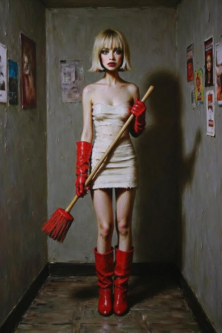 talo1 painting.
A slim Swedish woman stands confidently in a small, dingy restroom.  She platinum blonde bob haircut and a fringe bangs.  She is wrapped in rolls of white bandages like a mini dress, and wear bright red rubber gloves and matching boots. She holds a large toilet brush with a playful smile, juxtaposing glamour with an unexpected setting. The surrounding walls, adorned with worn posters, add a gritty, urban edge to the surreal, fashion-forward scene. <lora:talo1_cap_d6a3e15:1.0><lora:828773640091851729:0>