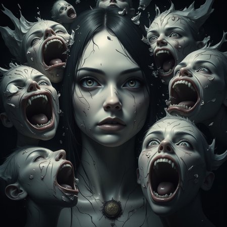 Surreal portrait of a woman staring intensely at the viewer. Her gaze is unwavering, piercing. Multiple ethereal projections of her face float around the central image, each displaying a different extreme emotions.
The woman's physical form appears grounded, but her facial features bleed into the surrounding space, creating a sense of fragmentation and instability. Dramatic chiaroscuro lighting casts dramatic shadows, emphasizing the unsettling nature of the scene. Background is a dreamlike void. aidmaMJ6.1