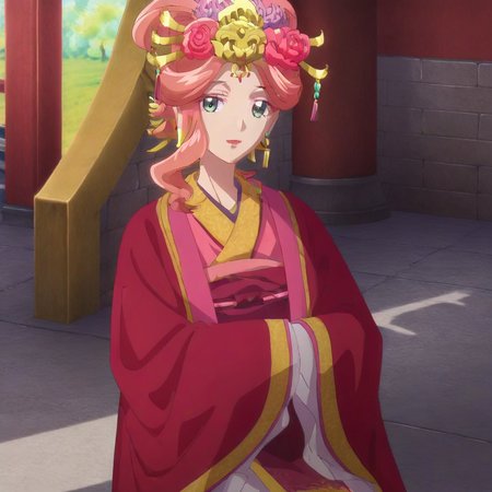 Masterpiece, real anime style, good quality, excellent quality, better quality, good resolution, excellent resolution, better resolution, good details, great details, high details, excellent details, excellent lighting, excellent shadows, excellent reflections, shaders, Gyokuyou, pink hair, jade eyes, beautiful face, perfect face, perfect face, pretty face, perfect anatomy, beautiful eyes, necklace, maroon kimono, earrings, hair ornaments, hair accessories, full body, detailed background, ancient Chinese background, illuminated background