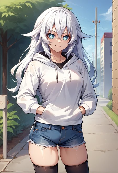score_9, score_8_up, source_anime, 1girl, solo, BlackHeart, power symbol-shaped pupils, white hoodie, denim shorts, black thighhighs, skindentation, hands in pockets, outdoors, smile, smug, <lora:ChamBlackHeartPonyXL:1>