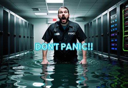 Flooded server room, Server engineer waist deep in water, looking confused with neon text:"Don't panic!"
 <lora:text:0.8>