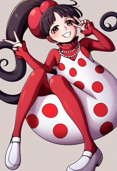 score_9, score_8_up, score_7_up, score_6_up, score_5_up, score_4_up, source_anime, aaflampe, long hair, black hair, ponytail, brown eyes, small breasts, necklace, red shirt, polka dot dress, white dress, long sleeves, red pantyhose, <lora:charlotte_flampe_ponyxl_v1:0.9>, white footwear, round puffy dress, puffy dress, ball shape puffy dress, peace sign, smile,