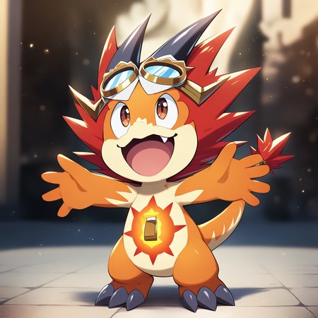 <lora:bal_V1-1>,sun dragon bal\(mini\),goggles,goggles on head,open mouth,no humans,smile,fang,outstretched arms,:d,standing,brown eyes,tongue,looking up,full body,happy,blurry background,blurry,official art,masterpiece,high score,great score,absurdres,